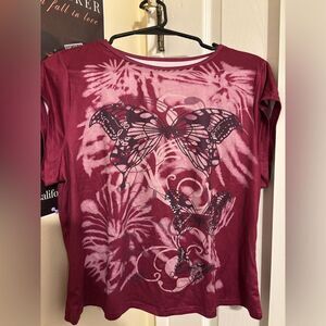 Source Unknown Maroon Butterfly Print Tee